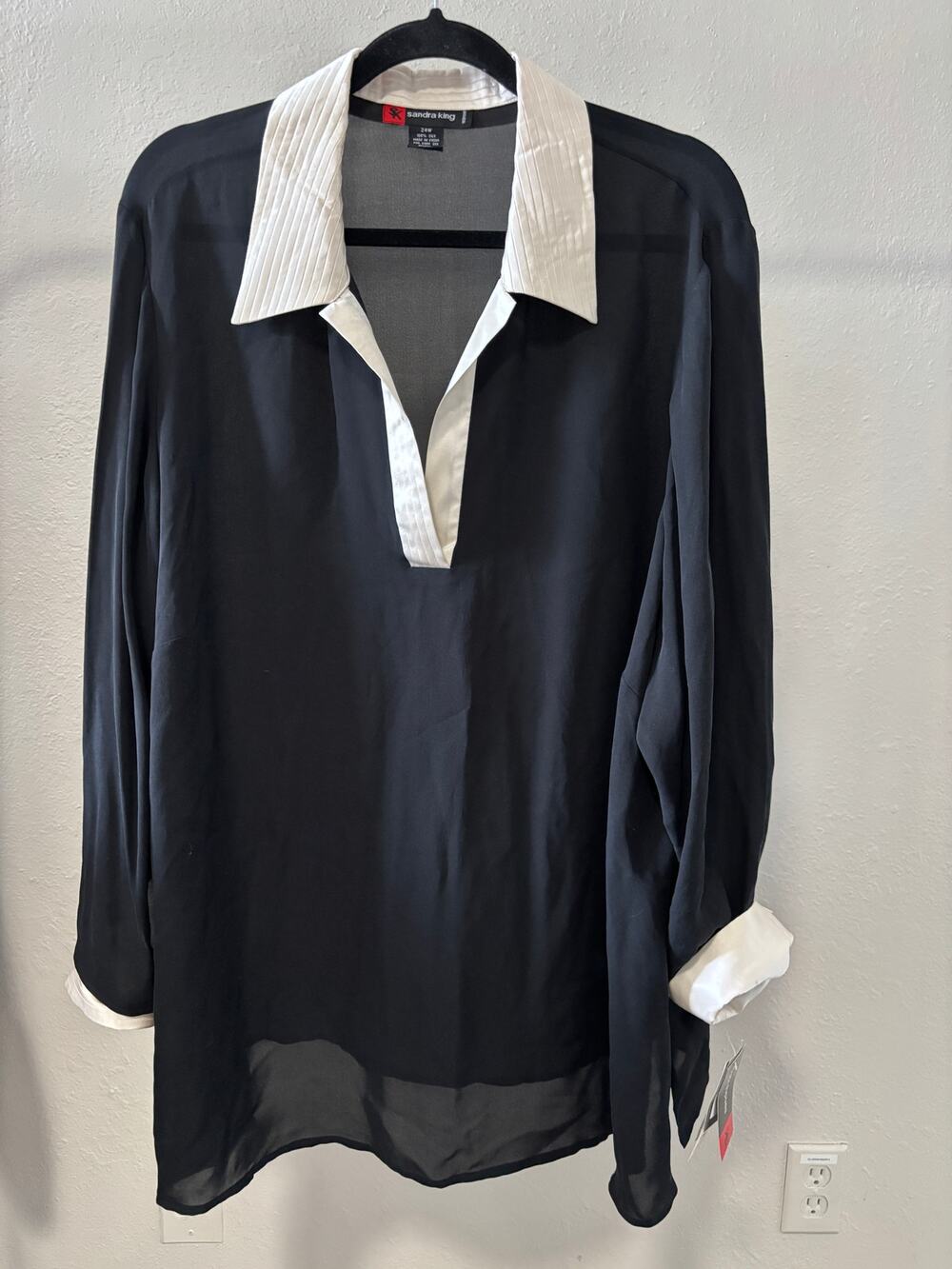 Sandra King Silk Top / Blouse Plus Size 24 Black Beige New